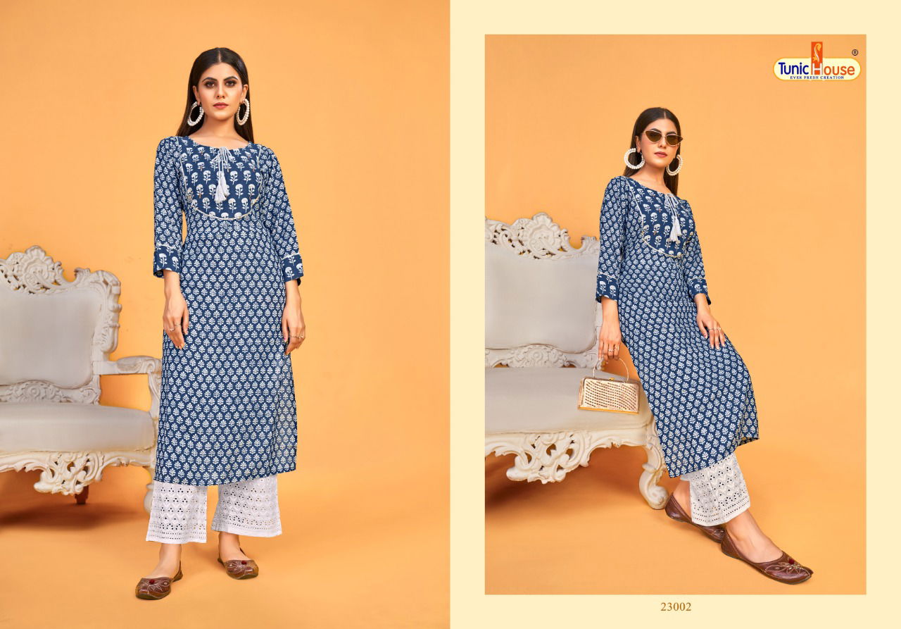 Tunic House Blue Sky Fancy Ethnic Wear Printed Kurti With Bottom Collection
